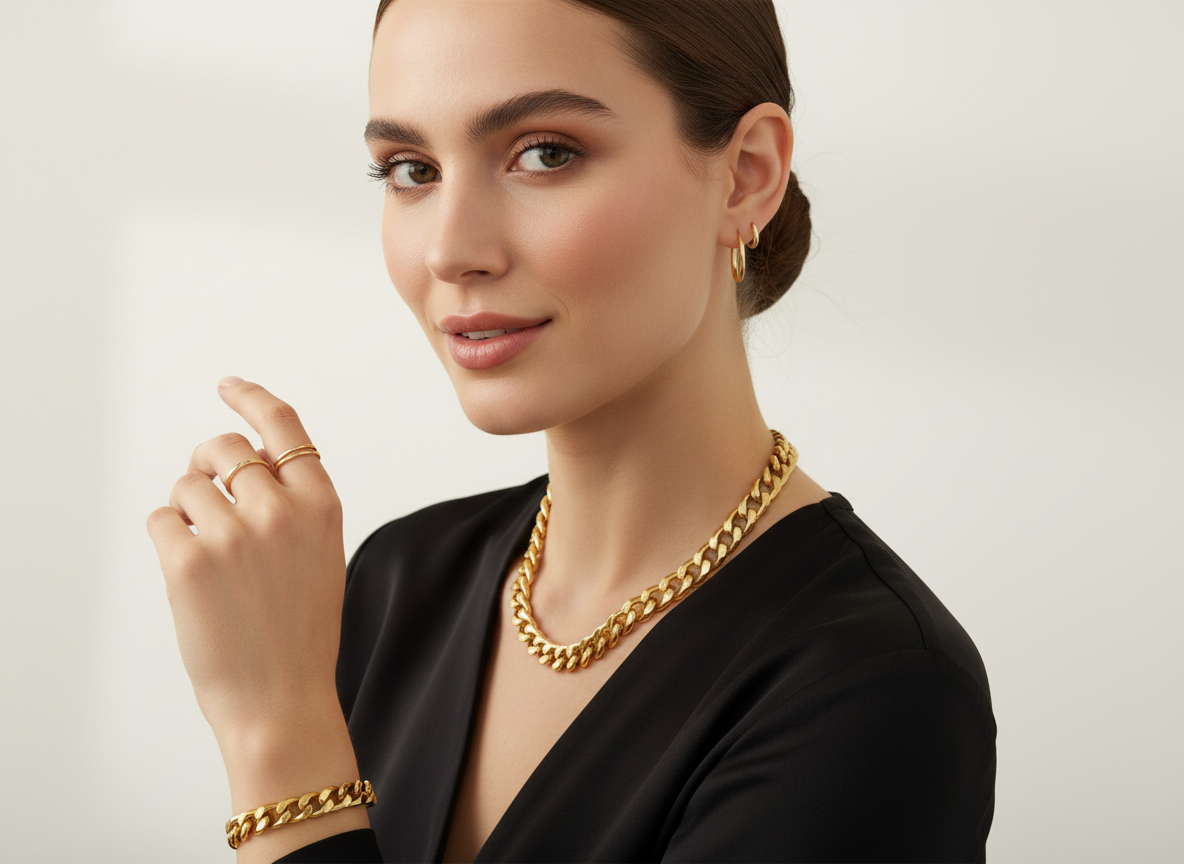 Altın takılar takan şık bir kadın portresi, zarif ve modern, açık arka plan